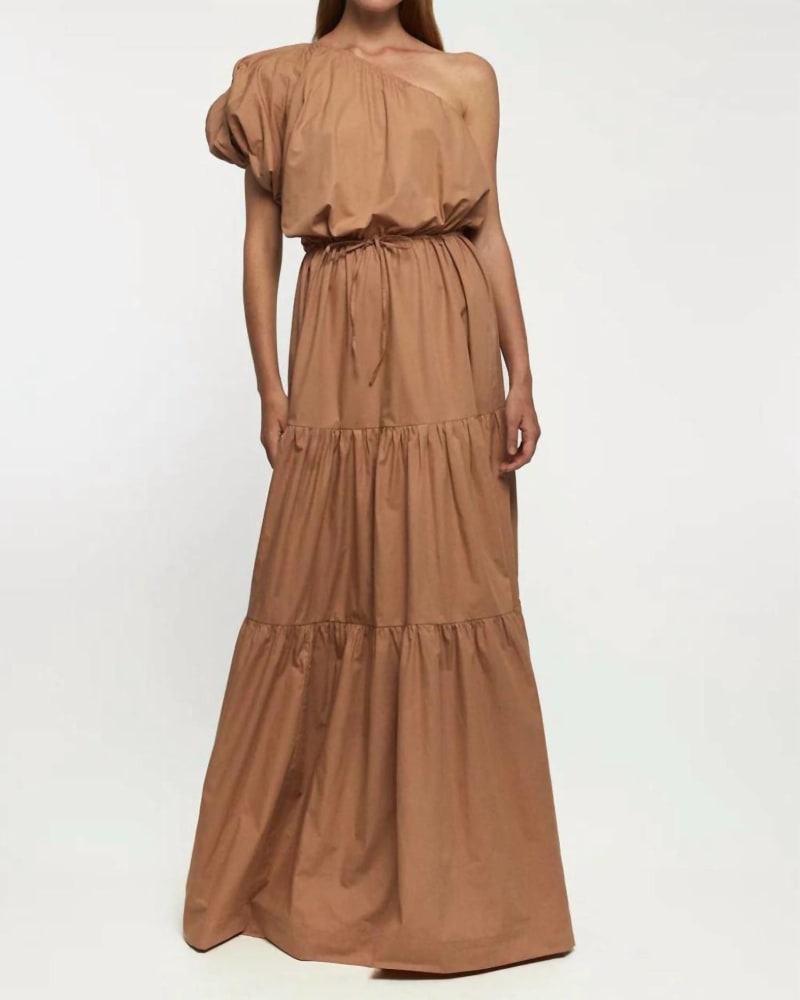 Front of a model wearing a size L One Shoulder Puff Sleeve Maxi Dress in High Vibrations in High Vibrations by S/W/F. | dia_product_style_image_id:336103